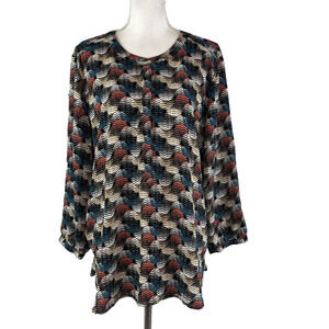 JM Collection Blouse Tunic sz XXL Blue Salmon Gold Circles Career Modest Church